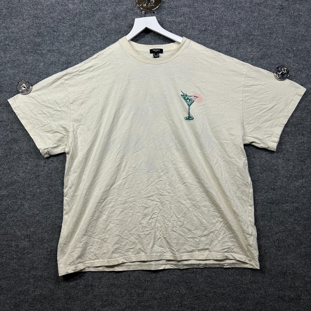 Forever 21 T-Shirt Mens Cream Monaco Martini Room Cocktail Graphic Tee - 2XL